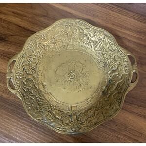 Vintage Ornate Brass Floral Engraved Dish Bowl Handles Scalloped Edge Art Deco